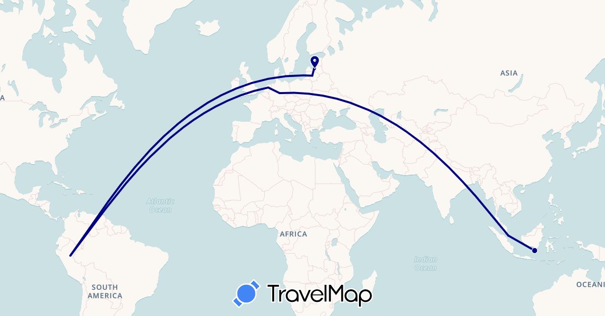 TravelMap itinerary: driving in Germany, Estonia, Indonesia, Lithuania, Latvia, Netherlands, Peru, Singapore (Asia, Europe, South America)
